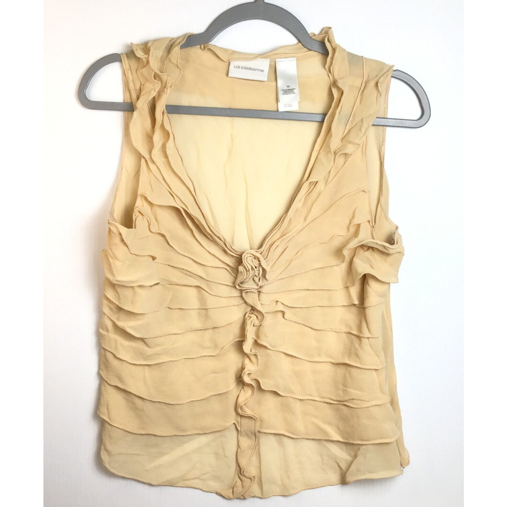 Liz Claiborne 100% Silk Beige Ruffled Sleeveless Top Womens 14 Mermaid Feminine